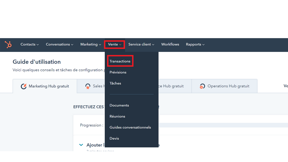 Placez votre curseur sur l'onglet vente puis dans le menu déroulant cliquez sur transactions