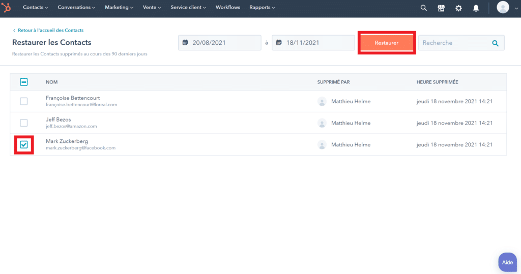 cliquez sur la case située à côté du contact que vous souhaitez récupérer puis cliquez sur restaurer les fiches d’informations